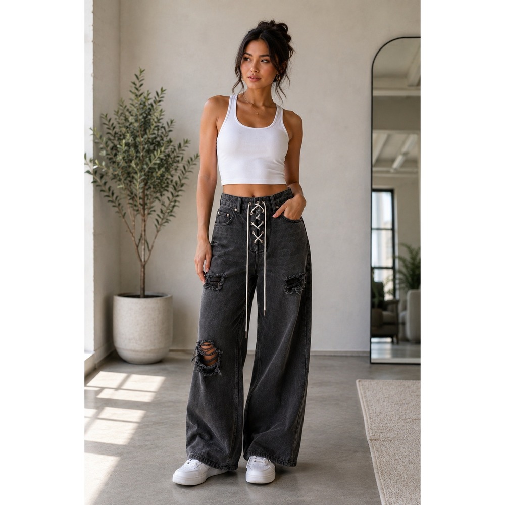 Oh Polly US 0 Lace Up Distressed Wide Leg Baggy Jeans Charcoal Grey Ripped Edgy